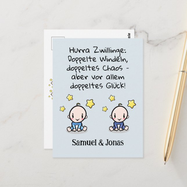 Hurra twins, congratulations birth, with name. postcard (Front/Back In Situ)