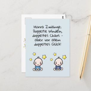 Hurra Zwillinge, Glückwunsch Geburt, 2 Jungs,   Postcard