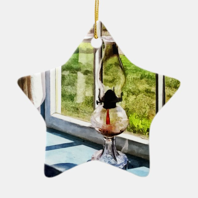 Hurricane Lamp in a Sunny Window Ceramic Tree Decoration (Front)