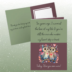 Husband 10th Anniversary owls green burgundy Card