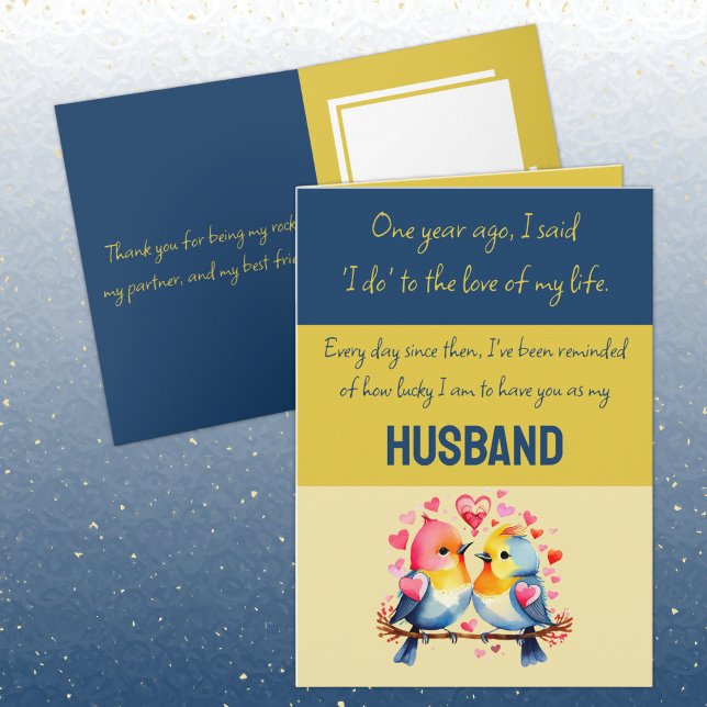 Husband 1st Anniversary blue gold cute birds Card (Creator Uploaded)