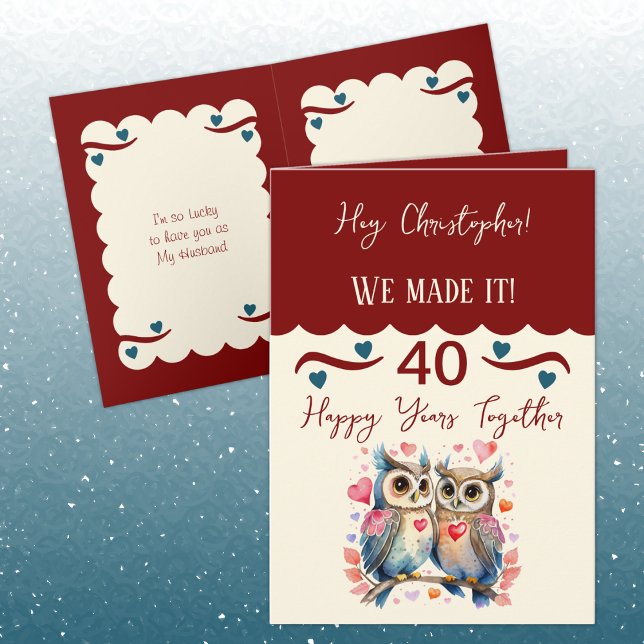 Husband 40th anniversary owls maroon blue card (Creator Uploaded)