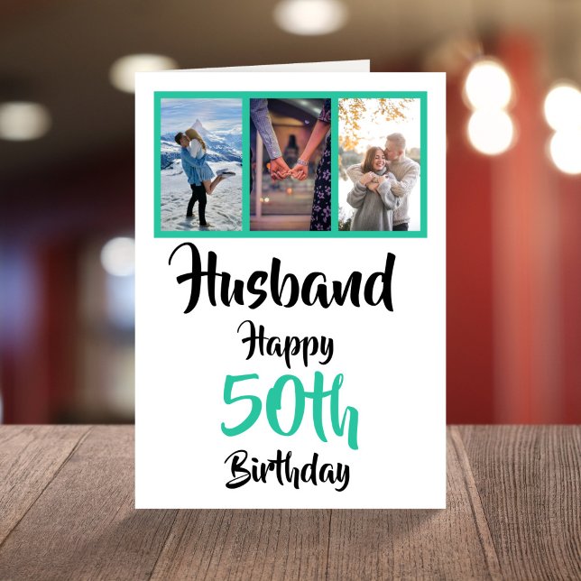 Husband 50th Happy Birthday 3 Photo Collage Card (Creator Uploaded)
