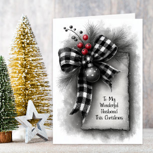Husband Buffalo Plaid Bow Christmas Holiday Card
