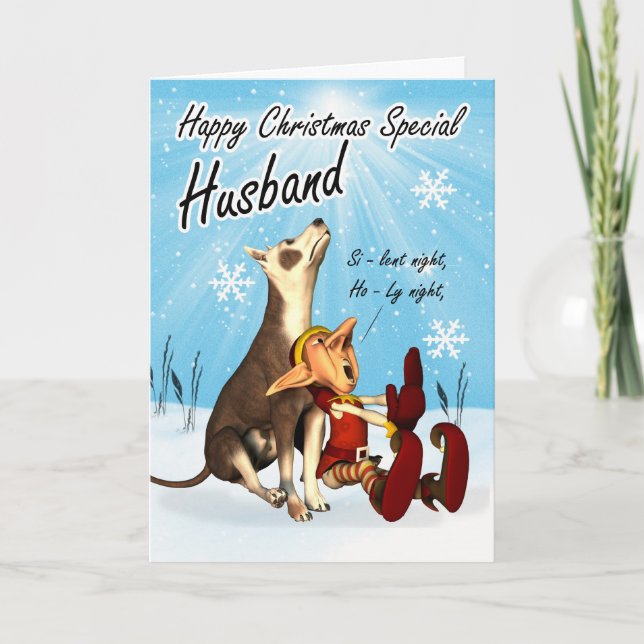 Husband Christmas card cute, singing dog and elf (Front)