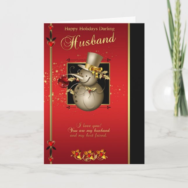 Husband Christmas Card - Gold Effect Snowman - Red (Front)