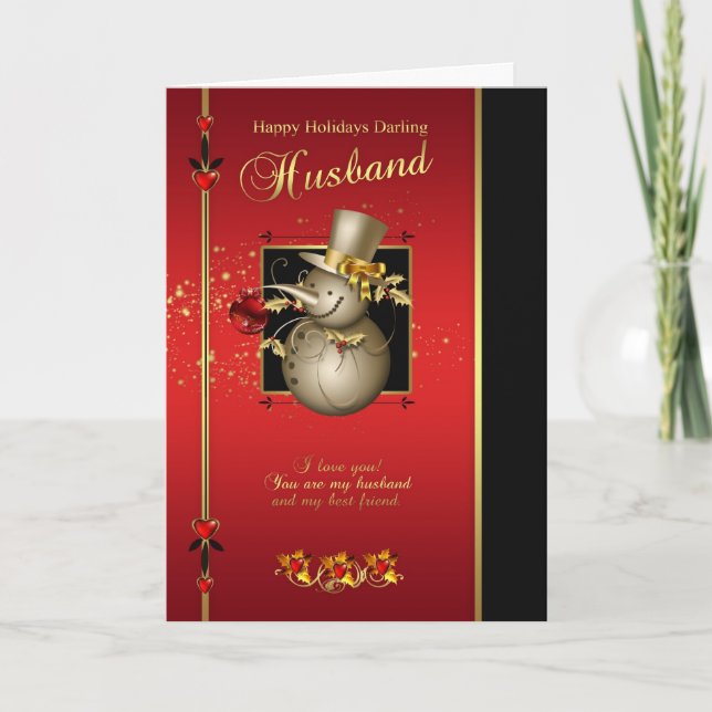 Husband Christmas Card - Gold Effect Snowman - Red (Front)