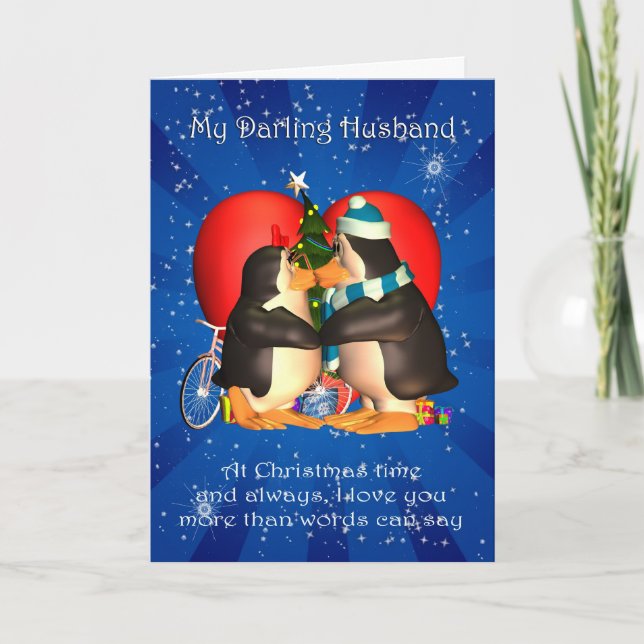 Husband Christmas Card With Kissing Penguins Heart (Front)