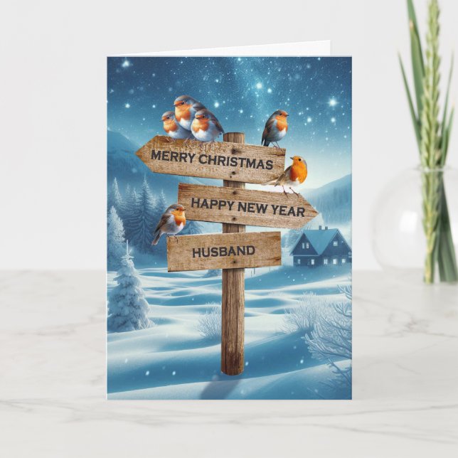 Husband Christmas Robins on a Signpost Holiday Card (Front)