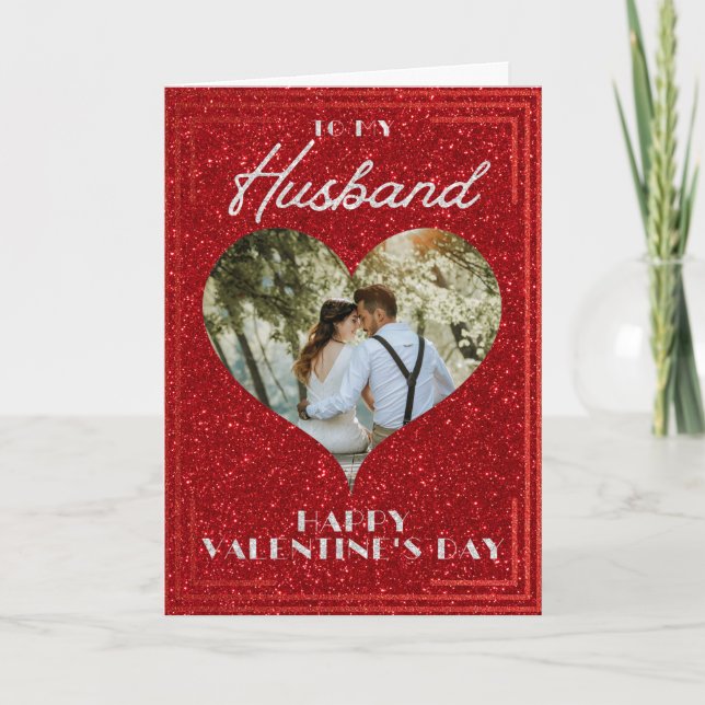 Husband Custom Photo Glitter Valentine Card (Front)