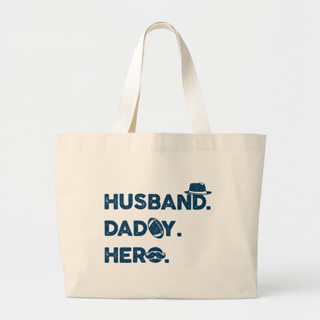 Husband. Daddy. Hero. Retro Graphic Large Tote Bag (Front)