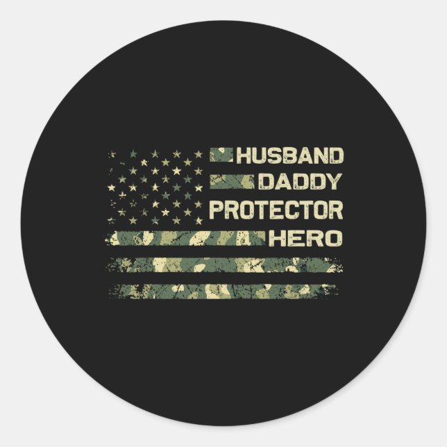 Husband Daddy Protector Hero Camo American Flag Fa Classic Round Sticker (Front)