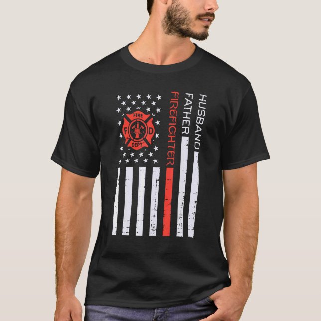 Husband Father Firefighter Us Flag Red Line Father T-Shirt (Front)