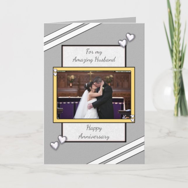 Husband gray Wedding Anniversary photo greeting Card (Front)