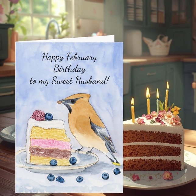 Husband Happy February Birthday Cedar Waxwing Cake Card (Creator Uploaded)