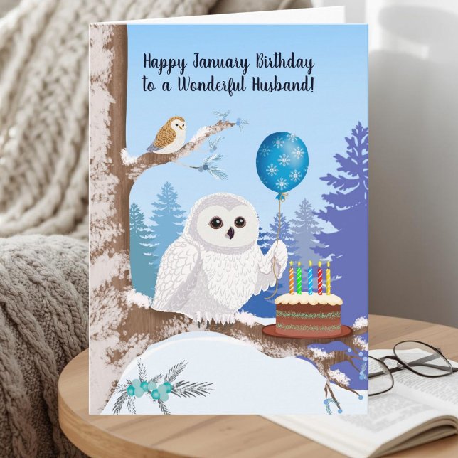 Husband Happy January Birthday Snowy Owl Card (Creator Uploaded)
