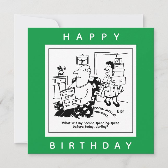 Husband in Shock at Wife's Spending Spree Cartoon Card (Front)