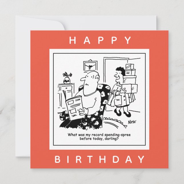 Husband in Shock at Wife's Spending Spree Cartoon Card (Front)