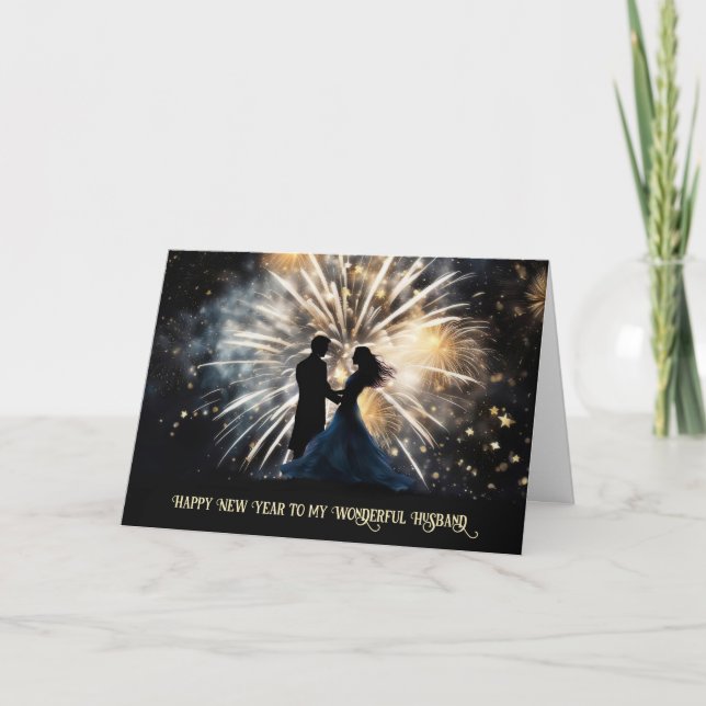 Husband New Years Romantic Couple in Fireworks  Holiday Card (Front)
