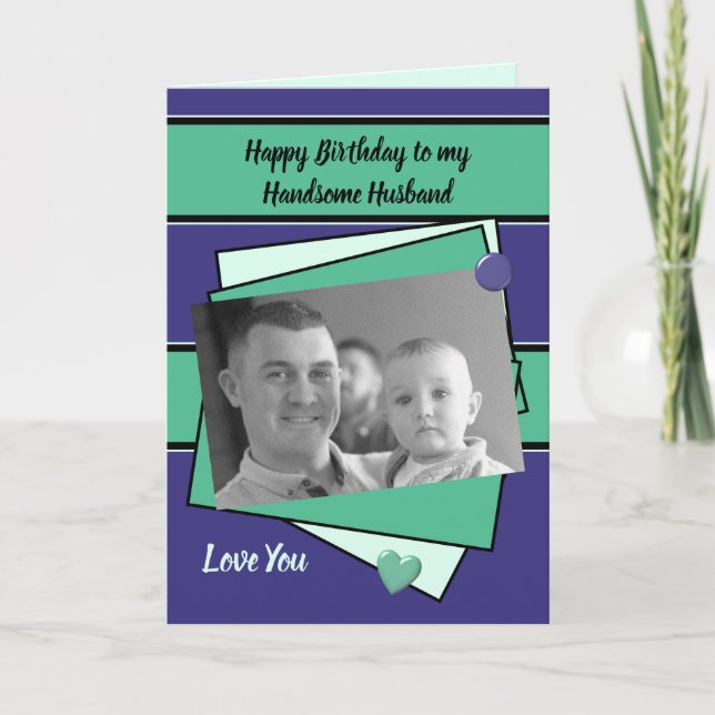 Husband purple mint green Birthday photo greeting Card (Front)