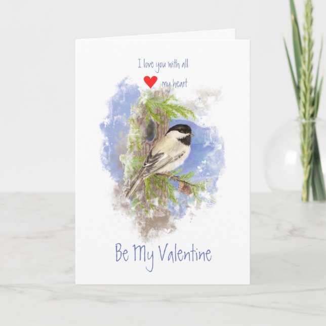 Husband Valentine Love Heart Chickadee Pine Bird Holiday Card (Front)