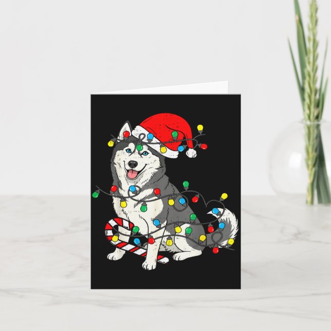 Huskey Dog Christmas Lights Santa Pajama Xmas Pet  Card (Front)