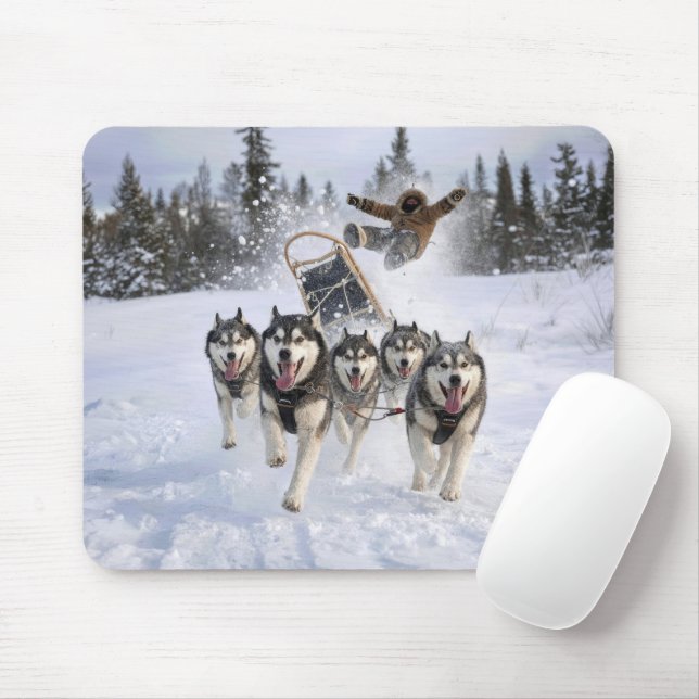 Huskies Out of Control Pulling a Sled Mouse Mat (With Mouse)
