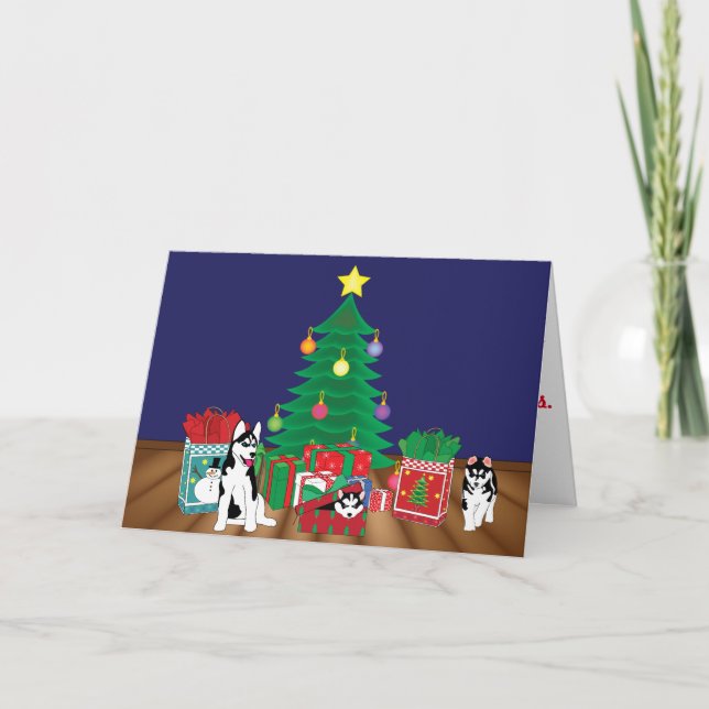 Huskies Playing Under the Christmas Tree Card (Front)