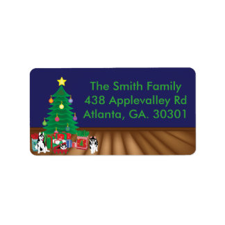 Huskies Playing Underneath the Christmas Tree Card Label