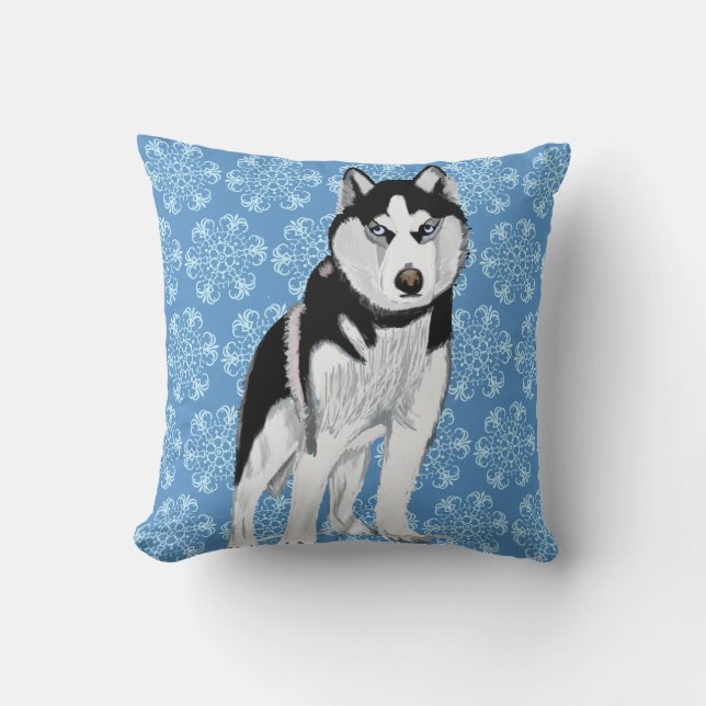 Husky against Snow Flakes Cushion (Front)