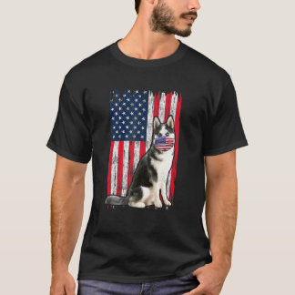 Husky American Flag Dog Wears Face Mask 4th Of Jul T-Shirt