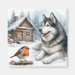 Husky and robin in the snow magnet, snow dog  magnet