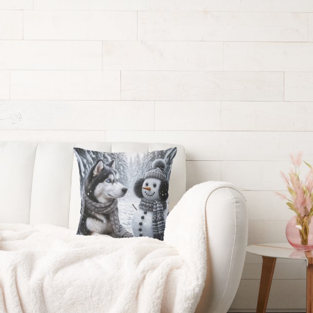 Husky and Snowman In Winter Woods Cushion (Couch)