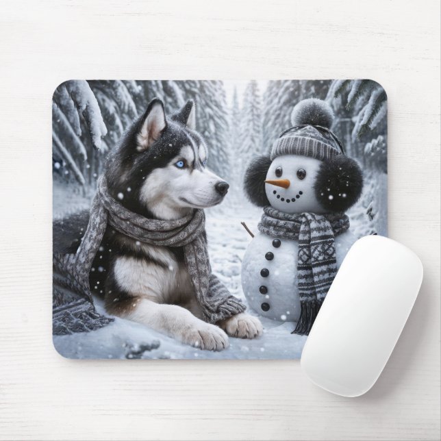 Husky and Snowman In Winter Woods Mouse Mat (With Mouse)