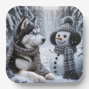 Husky and Snowman In Winter Woods Paper Plate