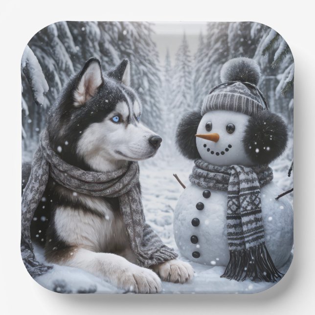Husky and Snowman In Winter Woods Paper Plate (Front)