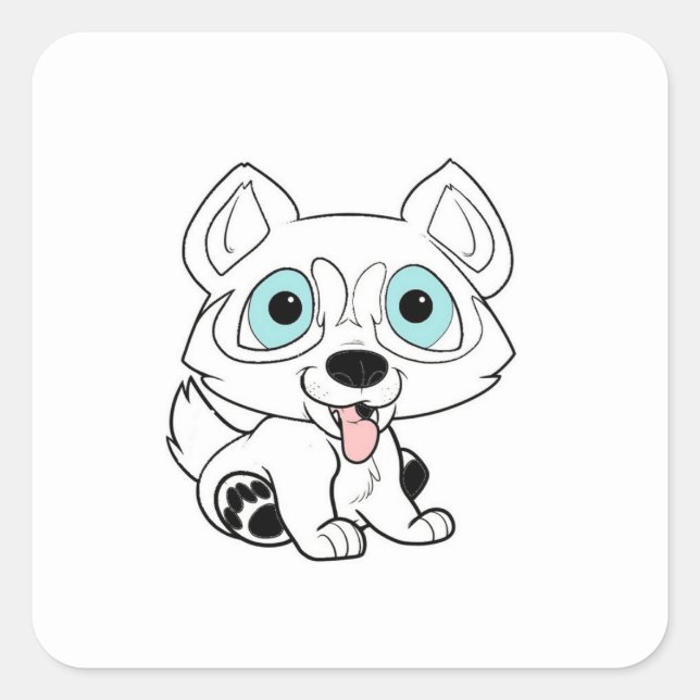 husky cartoon white square sticker (Front)