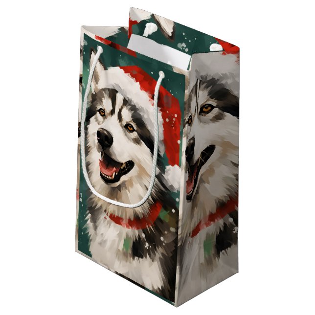Husky Christmas brush painting artwork Small Gift Bag (Back Angled)