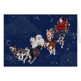 Husky Christmas Card Pulling Santa's Sleigh