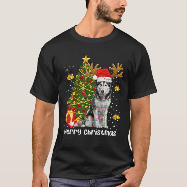 Husky Christmas Lights Tree Santa Xmas Pajama Sibe T-Shirt (Front)