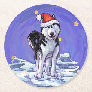 Husky Christmas Round Paper Coaster