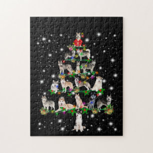 Husky Christmas Tree Covered By Flashlight Jigsaw Puzzle