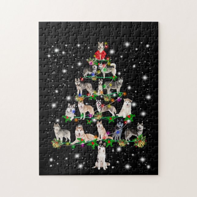 Husky Christmas Tree Covered By Flashlight Jigsaw Puzzle (Vertical)