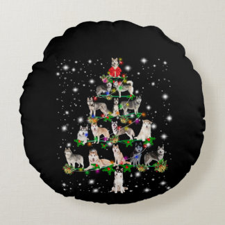 Husky Christmas Tree Covered By Flashlight Round Cushion