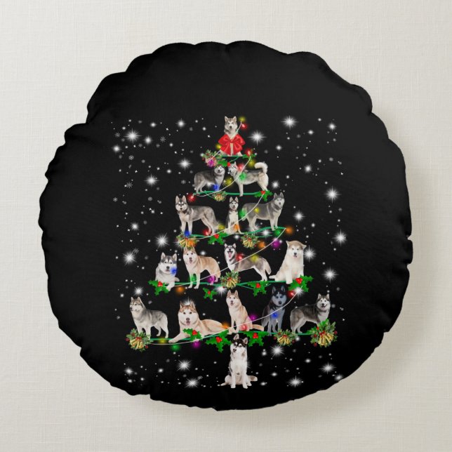 Husky Christmas Tree Covered By Flashlight Round Cushion (Front)