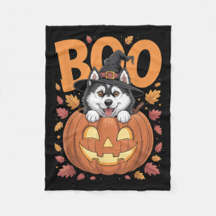 Husky Costume On Pumpkin Halloween Siberian Husky  Fleece Blanket