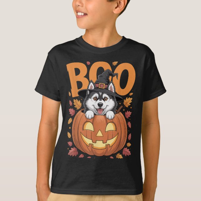 Husky Costume On Pumpkin Halloween Siberian Husky  T-Shirt (Front)
