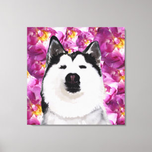 Husky Dog and Roses Single Wall Art