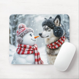 Husky Dog and Snowman Friends Mouse Mat