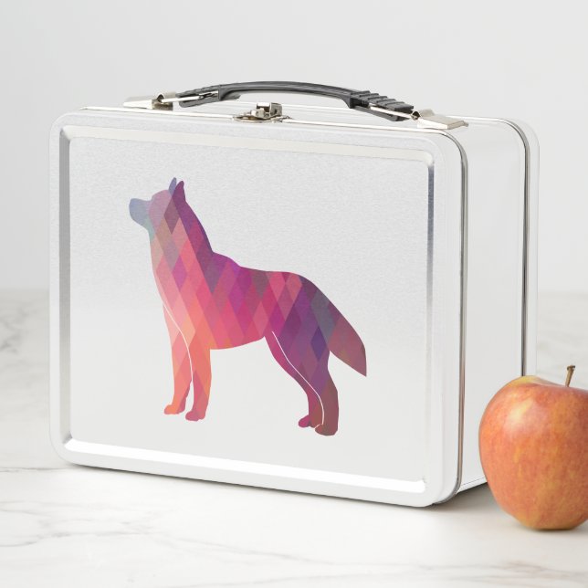 Husky Dog Breed Geo Silhouette Purple Pink Metal Lunch Box (In Situ)
